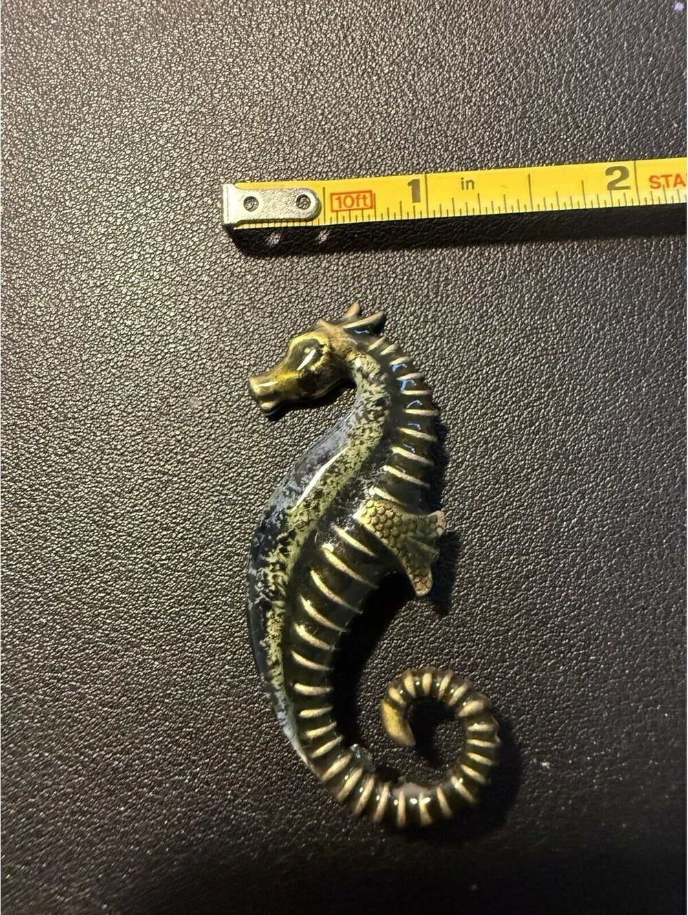 Vintage 1970s Seahorse Brooch Pin Gold Tone Verdigris Finish, 1x2.5”